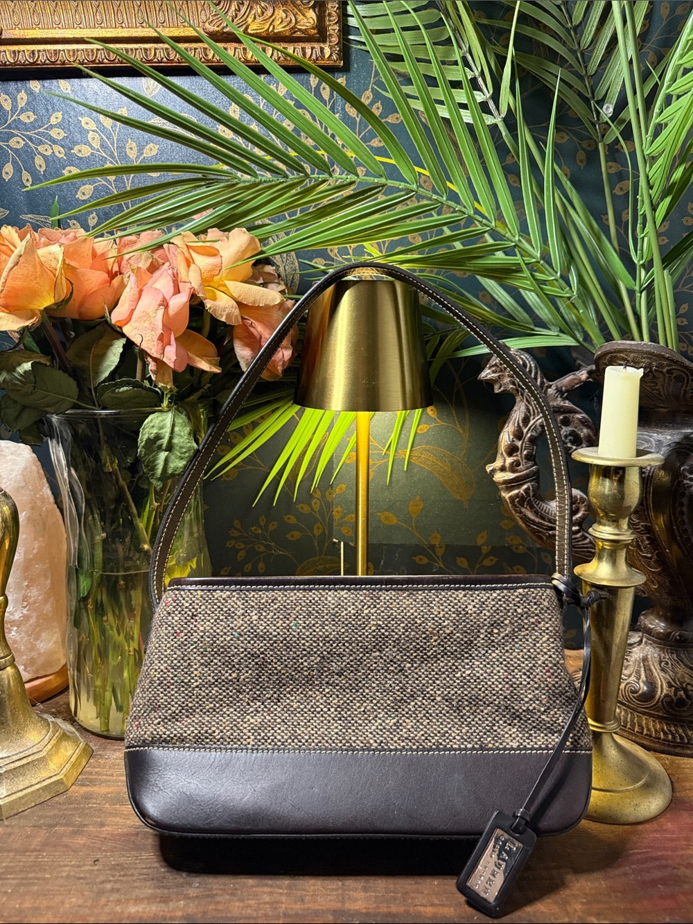 Ralph Lauren Brown Tweed Shoulder Bag with Dark Brown Leather Trim